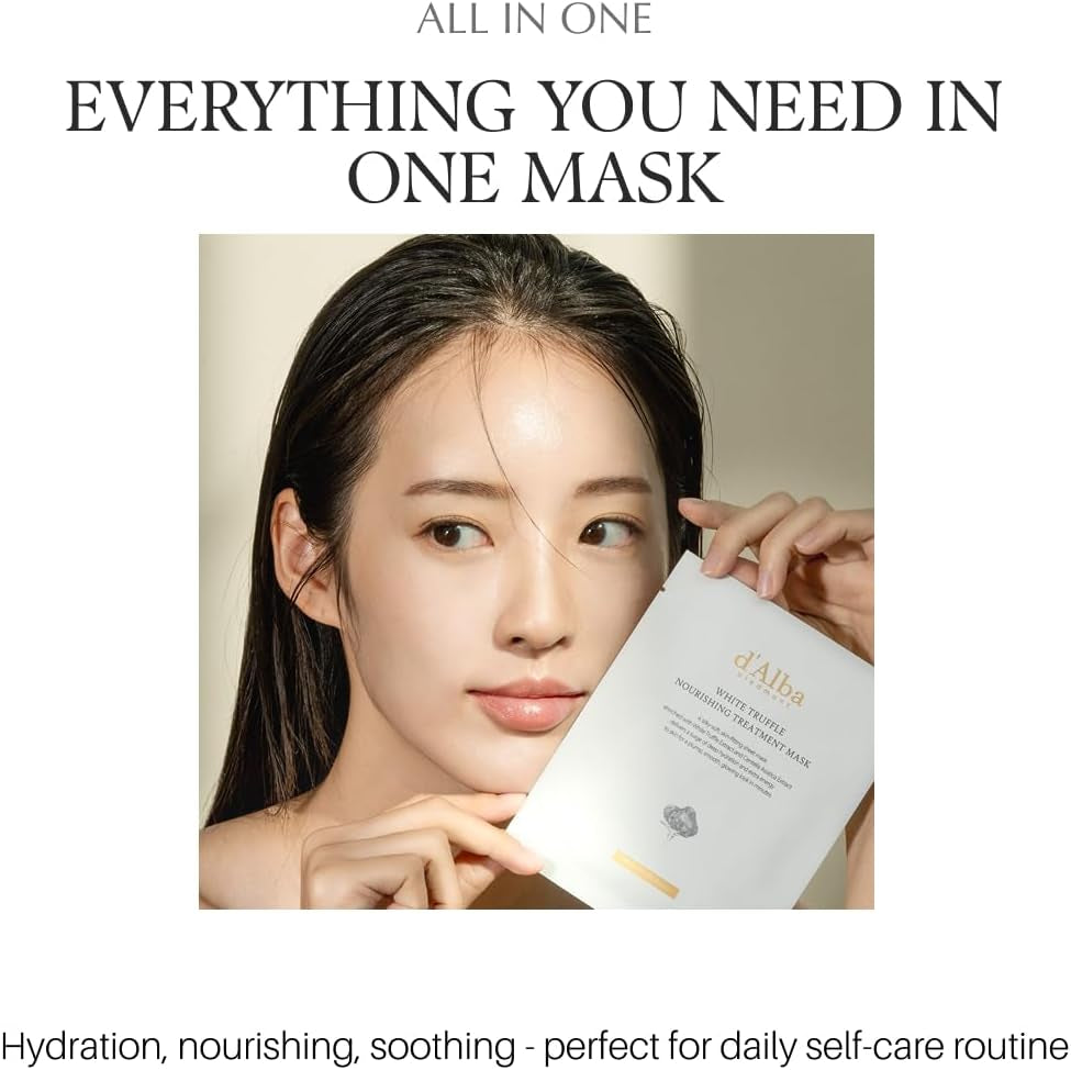 D’Alba Italian White Truffle Nourishing Treatment Mask 5Pcs, Vegan Skincare, Nourishing and Soothing Sheet Mask for Dry and Tired Skin, Safe for Sensitive Skin, Deep Hydration Mask, Korean Skincare