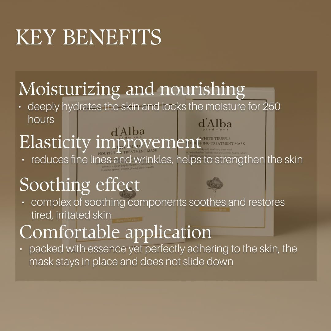 D’Alba Italian White Truffle Nourishing Treatment Mask 5Pcs, Vegan Skincare, Nourishing and Soothing Sheet Mask for Dry and Tired Skin, Safe for Sensitive Skin, Deep Hydration Mask, Korean Skincare