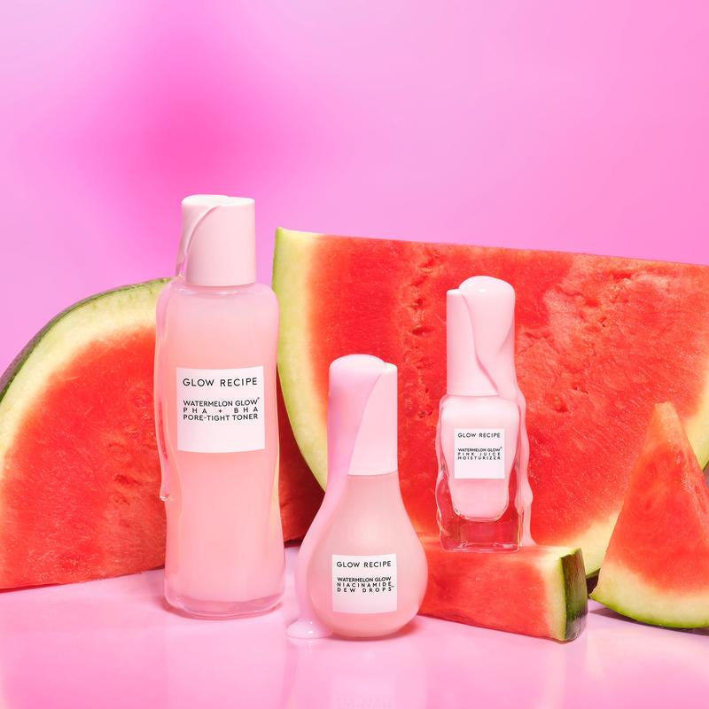 Glow Recipe Glass Skin Toner Bundle, Watermelon Glow PHA + BHA Pore-Tight Toner, Niacinamide Dew Drops, Pink Juice Moisturizer, Exfoliating, Hydrating Skincare Bundle