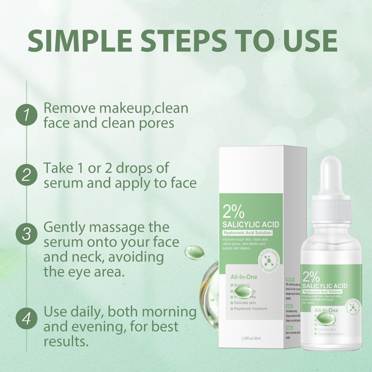 2% Salicylic Acid Face Serum with Hyaluronic Acid, Hydrating Serum for Face, Pore Exfoliating for All Skin, 30Ml