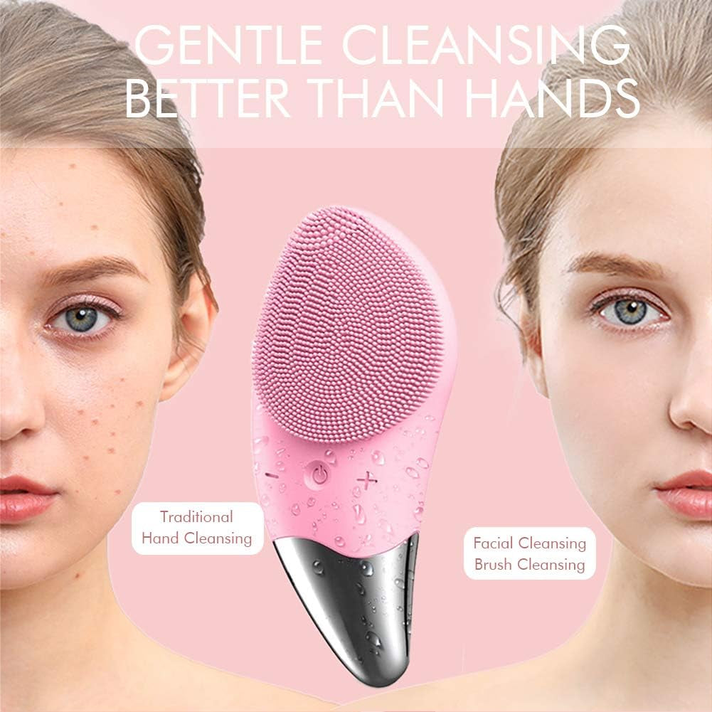 Silicone Facial Cleansing Brush, Electric Face Brush 6-Speed, IPX7 Waterproof Silicone Face Scrubbers Anti-Aging Skin Cleanser for Skin Care and Exfoliation, Deep Cleansing, Massaging (Pink)