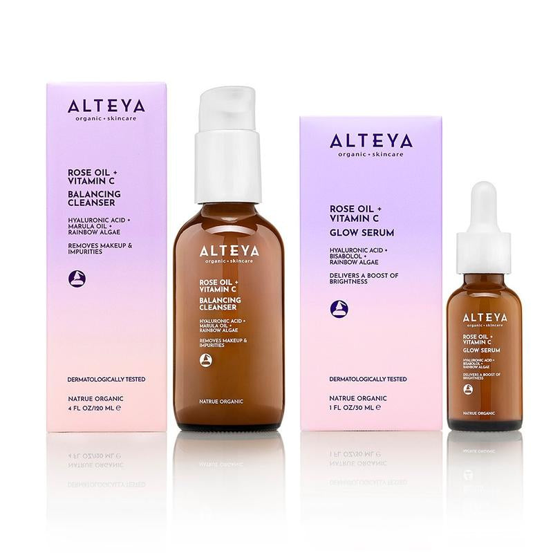 Facial Cleanser + Serum Set - Organic Facial Skincare with Gentle Foaming Cleanser and Brightening Serum - Hyaluronic Acid for Dewy Radiant Skin