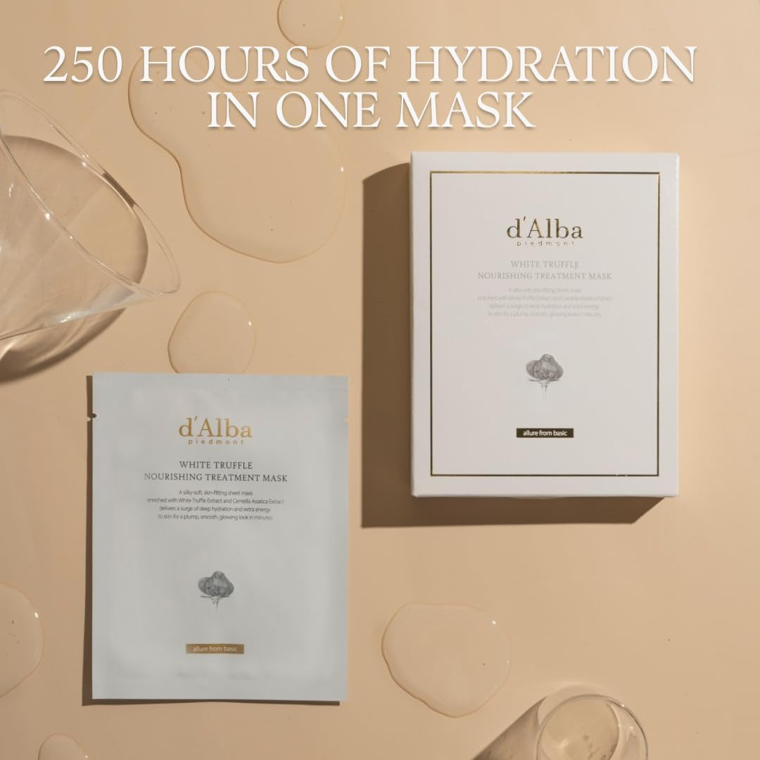D’Alba Italian White Truffle Nourishing Treatment Mask 5Pcs, Vegan Skincare, Nourishing and Soothing Sheet Mask for Dry and Tired Skin, Safe for Sensitive Skin, Deep Hydration Mask, Korean Skincare