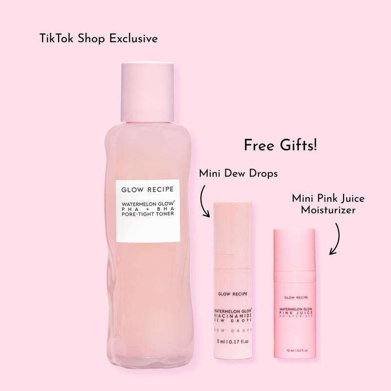 Glow Recipe Glass Skin Toner Bundle, Watermelon Glow PHA + BHA Pore-Tight Toner, Niacinamide Dew Drops, Pink Juice Moisturizer, Exfoliating, Hydrating Skincare Bundle