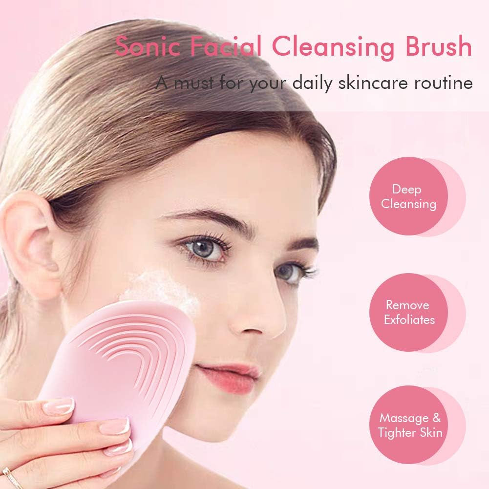 Silicone Facial Cleansing Brush, Electric Face Brush 6-Speed, IPX7 Waterproof Silicone Face Scrubbers Anti-Aging Skin Cleanser for Skin Care and Exfoliation, Deep Cleansing, Massaging (Pink)