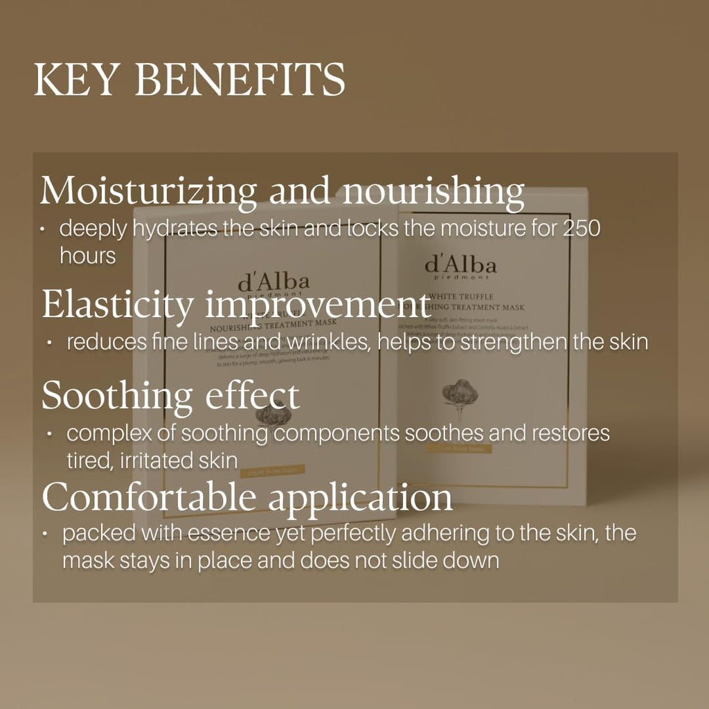 D’Alba Italian White Truffle Nourishing Treatment Mask 5Pcs, Vegan Skincare, Nourishing and Soothing Sheet Mask for Dry and Tired Skin, Safe for Sensitive Skin, Deep Hydration Mask, Korean Skincare