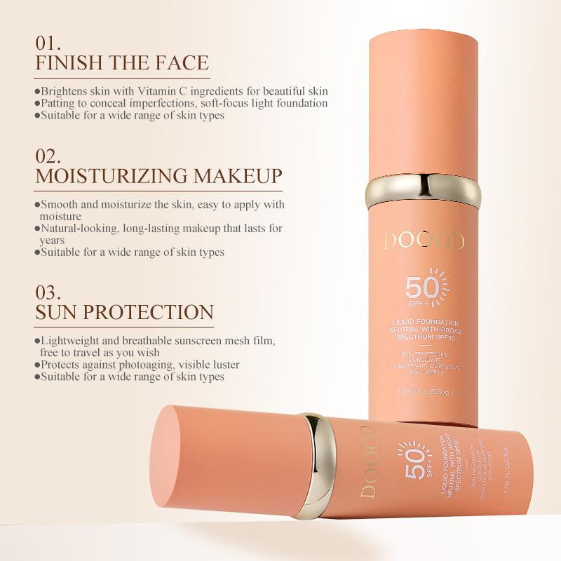 DOOOD 4-In-1 Foundation Liquid SPF 50+++, Moisturizing Even Skin Toning Color, Foundation Medium Spectrum, Hydrating Medium Full Coverage Concealer, Waterproof for Gym, Sports, Dancing