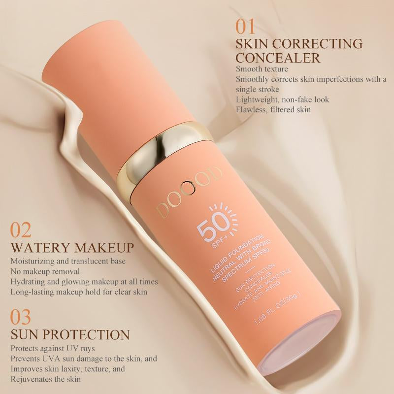DOOOD 4-In-1 Foundation Liquid SPF 50+++, Moisturizing Even Skin Toning Color, Foundation Medium Spectrum, Hydrating Medium Full Coverage Concealer, Waterproof for Gym, Sports, Dancing