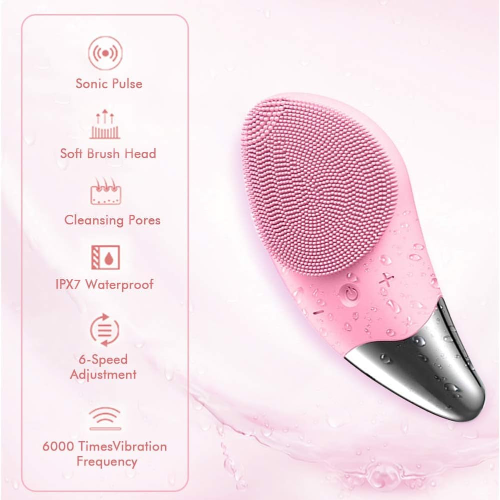 Silicone Facial Cleansing Brush, Electric Face Brush 6-Speed, IPX7 Waterproof Silicone Face Scrubbers Anti-Aging Skin Cleanser for Skin Care and Exfoliation, Deep Cleansing, Massaging (Pink)